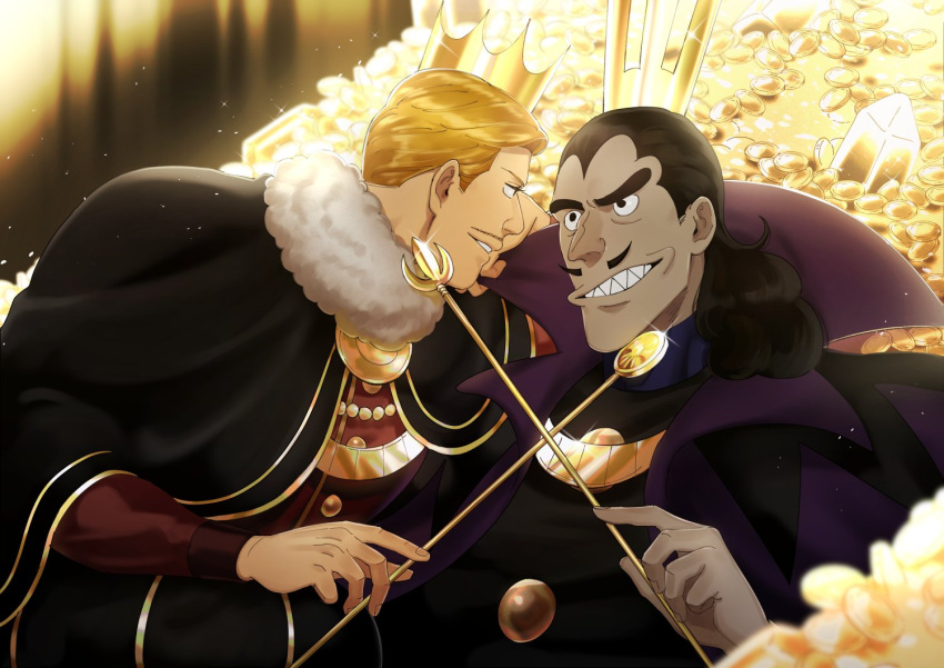 2boys black_cape black_eyes black_hair blonde_hair brothers cape coin commentary_request crown desha_(ousama_ranking) despa_(ousama_ranking) face-to-face facial_hair glint gold grin head_rest holding holding_staff looking_at_another male_focus medium_hair multiple_boys mustache ousama_ranking purple_cape sharp_teeth shijimi_(taurin69) short_hair siblings smile staff teeth thick_eyebrows widow's_peak