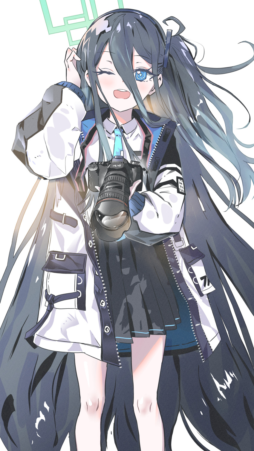 1girl ;d absurdres adjusting_hair arisu_(blue_archive) bangs black_skirt blue_archive blue_eyes blue_necktie camera coat collared_shirt commentary_request eyelashes hair_between_eyes halo hand_up highres holding holding_camera legs light_blush long_hair long_sleeves looking_at_viewer necktie one_eye_closed one_side_up open_clothes open_coat open_mouth oversized_clothes pleated_skirt pocket ryoma_(rym_369) school_uniform shirt sidelocks simple_background single-lens_reflex_camera skirt smile solo teeth thighs two-tone_coat upper_teeth very_long_hair white_background white_shirt wind wing_collar zipper