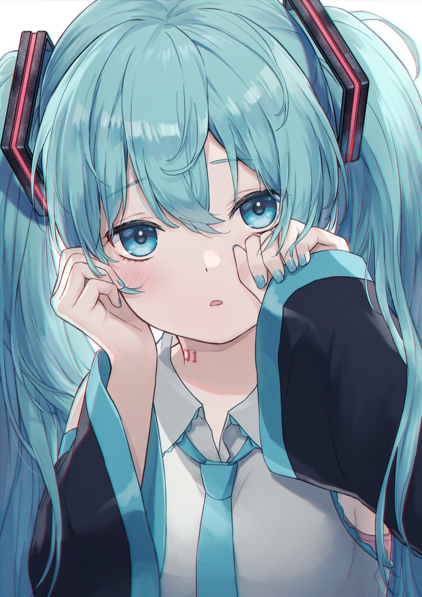 1girl ashika_(yftcc948) bangs blue_eyes blue_hair blue_nails blue_necktie collarbone hatsune_miku highres long_hair looking_at_viewer necktie number_tattoo open_mouth simple_background solo tattoo twintails upper_body vocaloid white_background