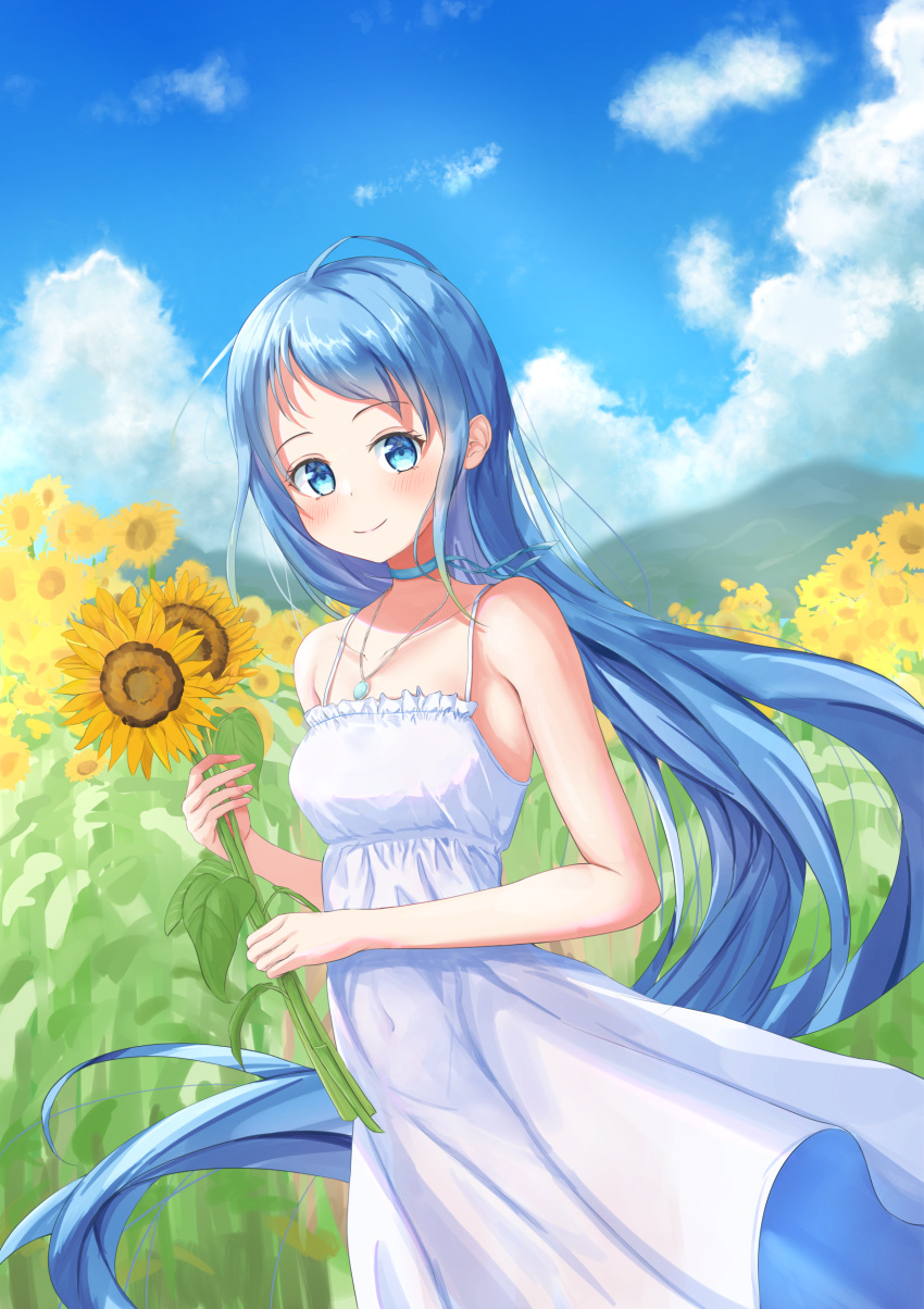 1girl absurdres alternate_costume aomi_one bangs blue_choker blue_eyes blue_hair blue_sky breasts choker clouds collarbone cowboy_shot dress field flower flower_field forehead highres jewelry kantai_collection long_hair looking_at_viewer mountain necklace outdoors samidare_(kancolle) sky sleeveless sleeveless_dress small_breasts solo sundress sunflower swept_bangs very_long_hair white_dress