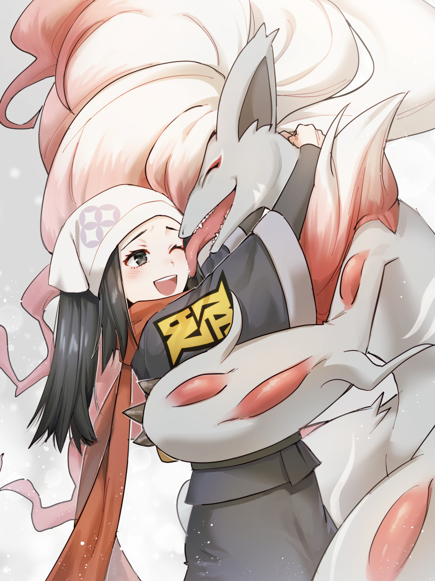 1girl ;d absurdres affectionate akari_(pokemon) black_hair black_shirt blush commentary_request eyelashes grey_eyes grey_jacket grey_skirt head_scarf highres hisuian_zoroark hug jacket licking licking_another's_face logo long_hair ogyupoke one_eye_closed open_mouth pokemon pokemon_(creature) pokemon_(game) pokemon_legends:_arceus ponytail protected_link red_scarf scarf shirt sidelocks skirt smile teeth tongue upper_teeth white_headwear