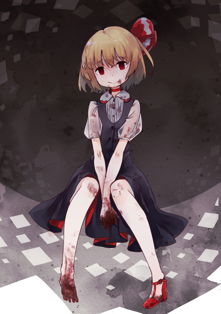 1girl absurdres black_dress blonde_hair blood blood_on_clothes blood_on_face blood_on_feet blood_on_hands buttons closed_mouth collared_shirt dress empty_eyes hair_ribbon highres murani puffy_short_sleeves puffy_sleeves red_eyes red_footwear red_ribbon ribbon rumia shirt short_hair short_sleeves smile solo touhou white_shirt