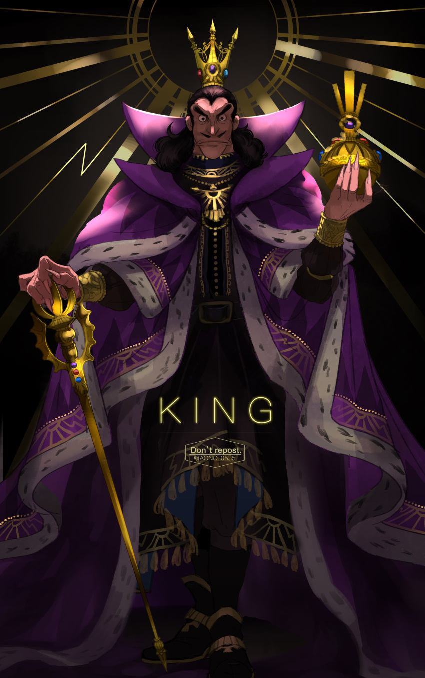 1boy absurdres aono_0535 black_eyes black_hair cape closed_mouth commentary crown desha_(ousama_ranking) english_commentary facial_hair fingernails frown full_body globus_cruciger highres king long_hair looking_at_viewer male_focus mustache ousama_ranking purple_cape scepter sharp_fingernails solo standing twitter_username