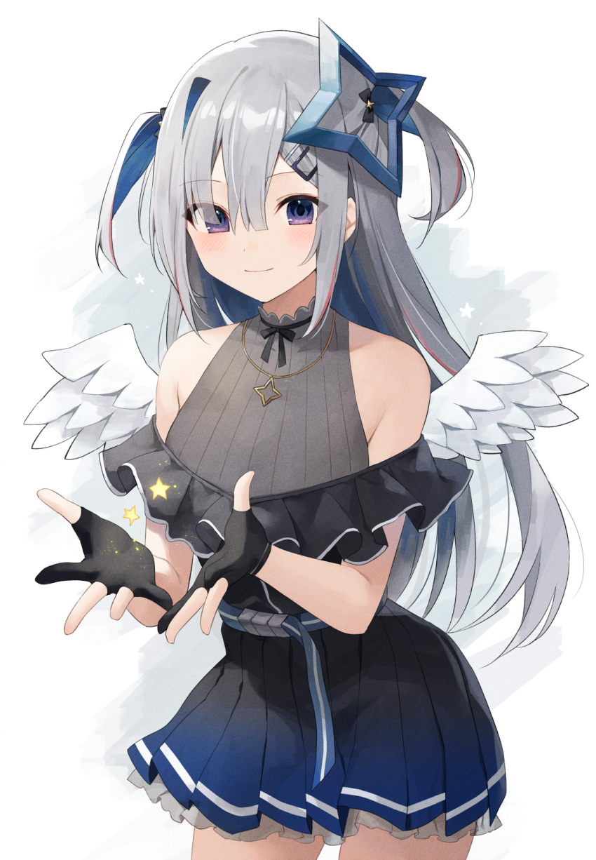 1girl amane_kanata angel_wings bare_shoulders belt black_gloves black_skirt colored_inner_hair cowboy_shot eyes_visible_through_hair gloves grey_hair grey_shirt hair_ornament hairclip highres hololive jewelry long_hair looking_at_viewer mini_wings miniskirt multicolored_hair necklace partially_fingerless_gloves pleated_skirt ribbed_shirt shirt skirt sleeveless sleeveless_shirt smile solo star_(symbol) star_hair_ornament two-tone_hair two_side_up violet_eyes virtual_youtuber wings yon_(letter)
