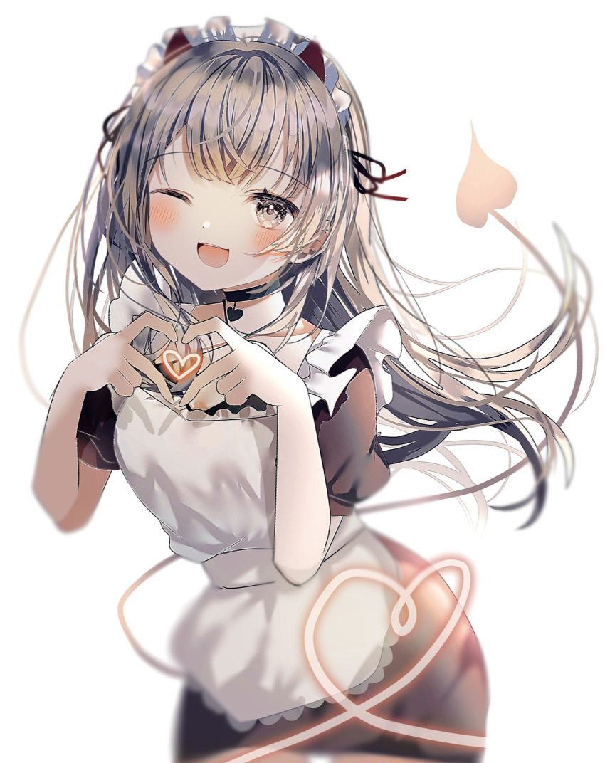 1girl ;d apron bangs black_choker bonono choker cowboy_shot demon demon_girl demon_tail grey_eyes grey_hair heart heart_hands highres long_hair looking_at_viewer maid maid_headdress one_eye_closed open_mouth original short_sleeves simple_background smile solo standing tail white_apron white_background