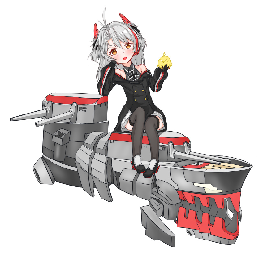 1girl absurdres ahoge animal artillery azur_lane bare_shoulders black_coat black_footwear black_gloves black_legwear buttons coat cross double-breasted flyingkite gloves hair_between_eyes highres holding holding_animal iron_cross little_prinz_eugen_(azur_lane) looking_at_viewer manjuu_(azur_lane) miniskirt multicolored_hair non-humanoid_robot open_mouth pleated_skirt redhead robot robot_animal rudder_footwear simple_background sitting skirt streaked_hair thigh-highs turret two-tone_hair white_background white_hair white_skirt yellow_eyes