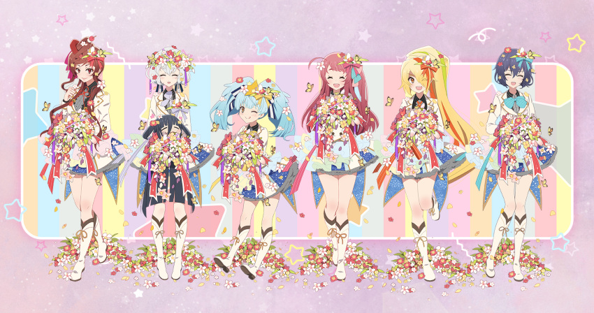 6+girls :3 :d ;d ;q =_= ^_^ ^o^ ahoge artist_request bangs black_hair black_shirt blonde_hair blue_bow blue_bowtie blue_eyes blue_ribbon blunt_bangs boots bouquet bow bowtie brown_hair bug butterfly closed_eyes dango_hair_ornament dark_blue_hair dress_flower eating_flower falling_petals flower flower_wreath food-themed_hair_ornament footwear_ribbon frilled_skirt frills furrowed_brow green_hair grey_eyes hair_bow hair_bun hair_flower hair_ornament hair_over_one_eye hair_ribbon head_wreath heart heart_hair highres holding holding_bouquet holding_head hoshikawa_lily interlocked_fingers jacket knee_boots konno_junko layered_skirt leg_up light_blue_hair long_hair long_sleeves low_twintails minamoto_sakura miniskirt mizuno_ai multicolored_hair multiple_girls neck_ribbon necktie nikaidou_saki official_art one_eye_closed one_side_up open_mouth orange_hair orange_ribbon petals pink_background pink_hair pink_necktie pleated_skirt polka_dot polka_dot_bow ponytail purple_bow purple_bowtie purple_ribbon red_eyes red_ribbon ribbon severed_head shirt short_hair sidelocks single_hair_bun skirt smile standing star_(symbol) star_hair_ornament streaked_hair striped striped_bow striped_bowtie striped_shirt sweat tongue tongue_out twintails vertical-striped_shirt vertical_stripes w_arms white_footwear white_hair white_jacket yamada_tae yellow_bow yellow_bowtie yellow_eyes yuugiri_(zombie_land_saga) zombie_land_saga