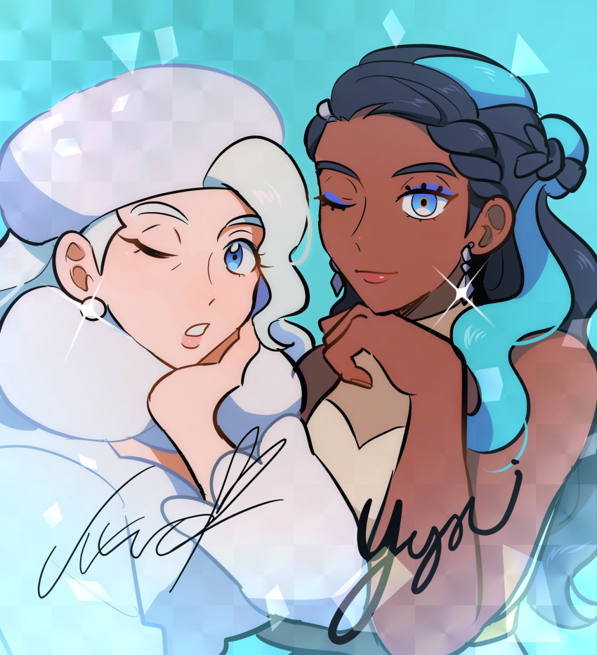 2girls absurdres black_hair blue_eyes blue_eyeshadow blue_hair closed_mouth dark-skinned_female dark_skin dress earrings eyelashes eyeshadow glint hair_bun hand_up hat head_rest highres jewelry long_hair makeup melony_(pokemon) multicolored_hair multiple_girls nessa_(pokemon) one_eye_closed oratoza pokemon pokemon_(game) pokemon_swsh scarf signature single_hair_bun sweater symbol-only_commentary two-tone_hair upper_body white_headwear white_scarf white_sweater