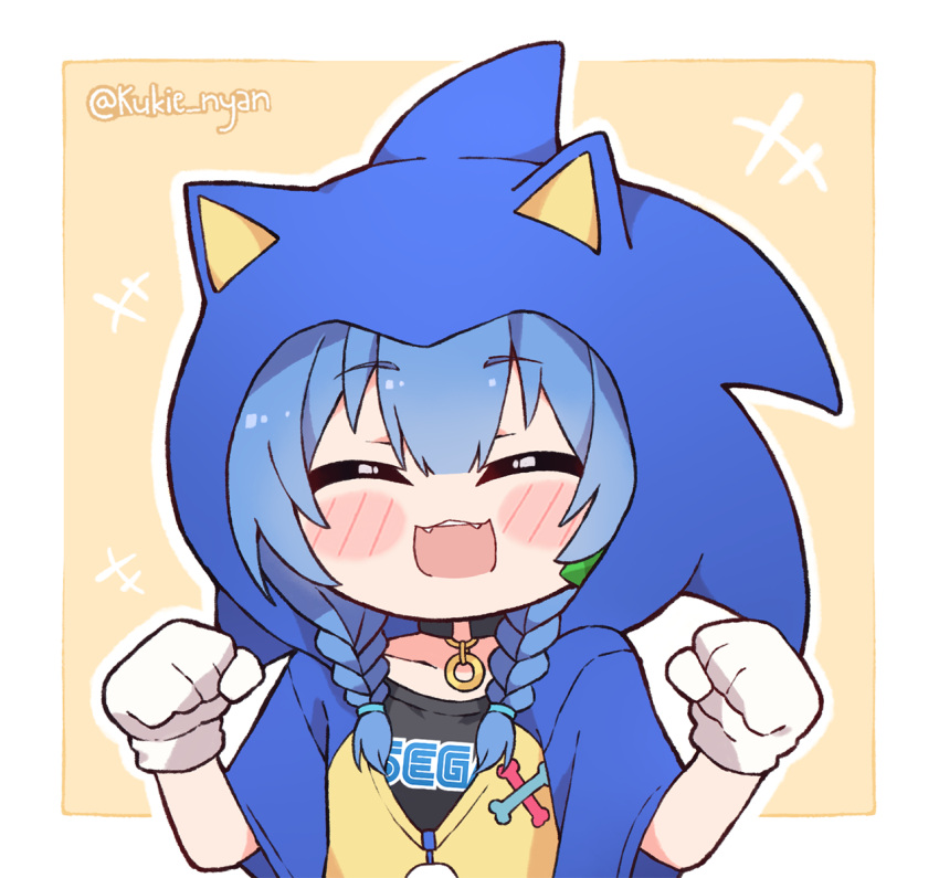 1girl ^_^ alternate_hair_color blue_hair closed_eyes cosplay gloves highres hololive hood hood_up inugami_korone kukie-nyan open_mouth sega smile solo sonic_(series) sonic_the_hedgehog sonic_the_hedgehog_(cosplay) upper_body virtual_youtuber white_gloves