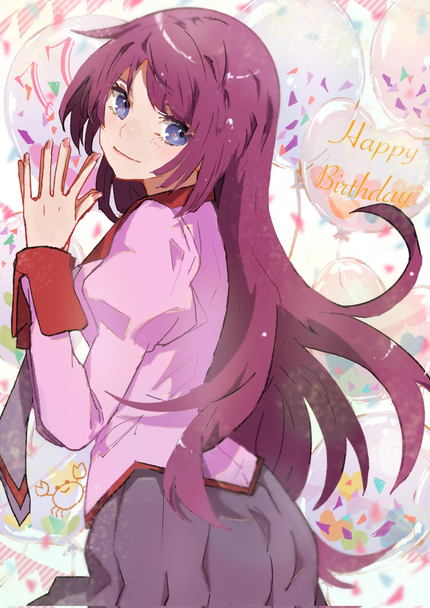 1girl bakemonogatari balloon bangs blue_eyes blush breasts closed_mouth commentary_request confetti cowboy_shot dated english_text from_side hands_up happy_birthday head_tilt highres juliet_sleeves long_hair long_sleeves looking_at_viewer looking_to_the_side medium_breasts monogatari_(series) nail_polish naoetsu_high_school_uniform necktie own_hands_together pink_nails pink_shirt pleated_skirt puffy_sleeves purple_hair purple_necktie purple_skirt school_uniform senjougahara_hitagi shadow shiny shiny_hair shirt sidelocks skirt solo valhalla0707