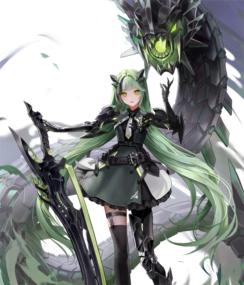 1girl cropped daeraeband dress green_dress green_eyes green_hair highres holding holding_sword holding_weapon long_hair looking_at_viewer original parted_lips prosthesis prosthetic_arm prosthetic_leg single_thighhigh solo standing sword thigh-highs weapon white_background
