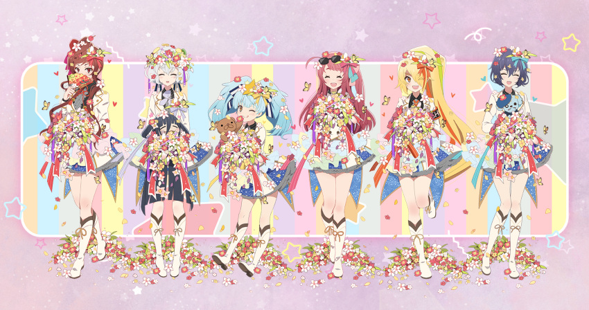 6+girls :3 :d ;d ;q =_= ^_^ ^o^ ahoge armband artist_request bangs black-framed_eyewear black_hair black_shirt blonde_hair blue_bow blue_bowtie blue_eyes blue_ribbon blunt_bangs boots bouquet bow bowtie brown_hair bug butterfly closed_eyes dango_hair_ornament dark_blue_hair dress_flower eating_flower eyewear_on_head falling_petals flower flower_wreath folding_fan food-themed_hair_ornament footwear_ribbon frilled_skirt frills furrowed_brow green_hair grey_eyes hair_bow hair_bun hair_flower hair_ornament hair_over_one_eye hair_ribbon hand_fan head_wreath heart heart_hair highres holding holding_bouquet holding_fan holding_head holding_toy hoshikawa_lily interlocked_fingers jacket knee_boots konno_junko layered_skirt leg_up light_blue_hair long_hair long_sleeves low_twintails minamoto_sakura miniskirt mizuno_ai multicolored_hair multiple_girls neck_ribbon necktie nikaidou_saki official_art one_eye_closed one_side_up open_mouth orange_hair orange_ribbon petals pink_background pink_hair pink_necktie pleated_skirt polka_dot polka_dot_bow ponytail purple_bow purple_bowtie purple_ribbon red_eyes red_ribbon ribbon romero_(zombie_land_saga) severed_head shirt short_hair sidelocks single_hair_bun skirt smile standing star_(symbol) star_hair_ornament streaked_hair striped striped_bow striped_bowtie striped_shirt stuffed_animal stuffed_toy sunglasses sweat teddy_bear tongue tongue_out toy twintails vertical-striped_shirt vertical_stripes w_arms white_footwear white_hair white_jacket yamada_tae yellow_bow yellow_bowtie yellow_eyes yuugiri_(zombie_land_saga) zombie_dog zombie_land_saga