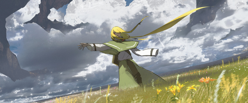 1girl absurdres arm_up asteroid_ill backpack bag bangs bird blonde_hair brown_pants capelet clouds cloudy_sky commentary day dutch_angle floating_island flock flower grass green_capelet green_skirt grey_sky highres horizon iris_(asteroid_ill) knee_pads long_hair long_sleeves looking_at_viewer neon_trim no_nose open_mouth orange_flower original outdoors outstretched_arm pants ponytail red_eyes scenery shirt sidelocks skirt sky solo standing swept_bangs textless_version very_long_hair white_flower white_shirt wide_shot wind yellow_flower