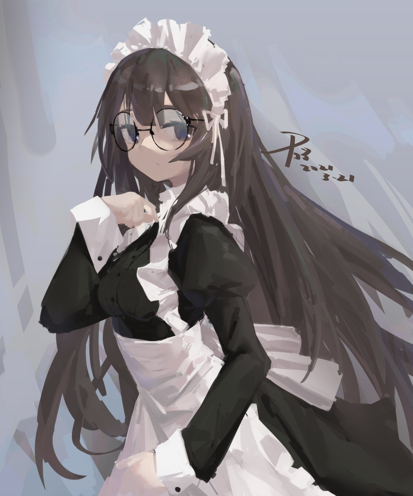 1girl :/ absurdres apron back_bow bangs black_eyes black_hair black_poi bow breasts closed_mouth commentary_request cowboy_shot expressionless eyebrows_behind_hair glasses grey_background hand_up highres juliet_sleeves large_bow long_hair long_sleeves looking_at_viewer maid maid_apron maid_headdress medium_breasts no_lineart original puffy_sleeves round_eyewear signature solo straight_hair white_apron white_bow
