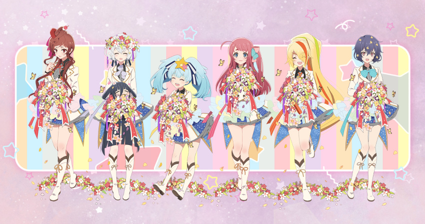 6+girls :3 :d =_= ^_^ ^o^ ahoge artist_request bangs black_hair black_shirt blonde_hair blue_bow blue_bowtie blue_eyes blue_ribbon blunt_bangs boots bouquet bow bowtie brown_hair bug butterfly closed_eyes dango_hair_ornament dark_blue_hair eating_flower flower flower_wreath food-themed_hair_ornament footwear_ribbon frilled_skirt frills furrowed_brow green_hair grey_eyes hair_bow hair_bun hair_flower hair_ornament hair_over_one_eye hair_ribbon head_wreath heart heart_hair highres holding holding_bouquet holding_head hoshikawa_lily interlocked_fingers jacket knee_boots konno_junko layered_skirt leg_up light_blue_hair long_hair long_sleeves low_twintails minamoto_sakura miniskirt mizuno_ai multicolored_hair multiple_girls neck_ribbon necktie nikaidou_saki official_art one_side_up open_mouth orange_hair orange_ribbon pink_background pink_hair pink_necktie pleated_skirt polka_dot polka_dot_bow ponytail purple_bow purple_bowtie purple_ribbon red_eyes red_ribbon ribbon severed_head shirt short_hair sidelocks single_hair_bun skirt smile standing star_(symbol) star_hair_ornament streaked_hair striped striped_bow striped_bowtie striped_shirt sweat twintails vertical-striped_shirt vertical_stripes w_arms white_footwear white_hair white_jacket yamada_tae yellow_bow yellow_bowtie yellow_eyes yuugiri_(zombie_land_saga) zombie_land_saga