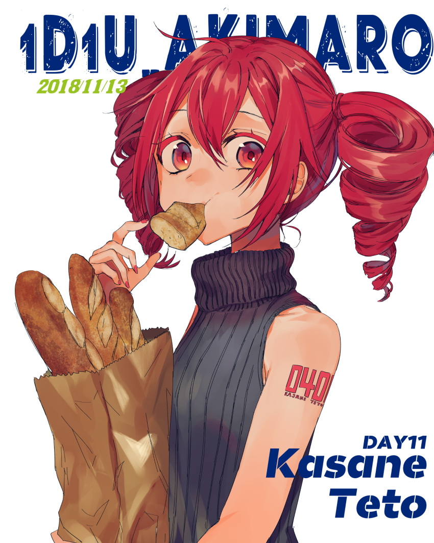 1girl akimaro_(apple-sower) bag baguette bangs bread character_name chewing colored_eyelashes dated drill_hair eating food food_in_mouth hand_up highres holding holding_bag kasane_teto looking_to_the_side medium_hair mouth_hold nail_polish paper_bag pink_eyes pink_hair sleeveless sleeveless_turtleneck solo sweater turtleneck turtleneck_sweater twin_drills utau
