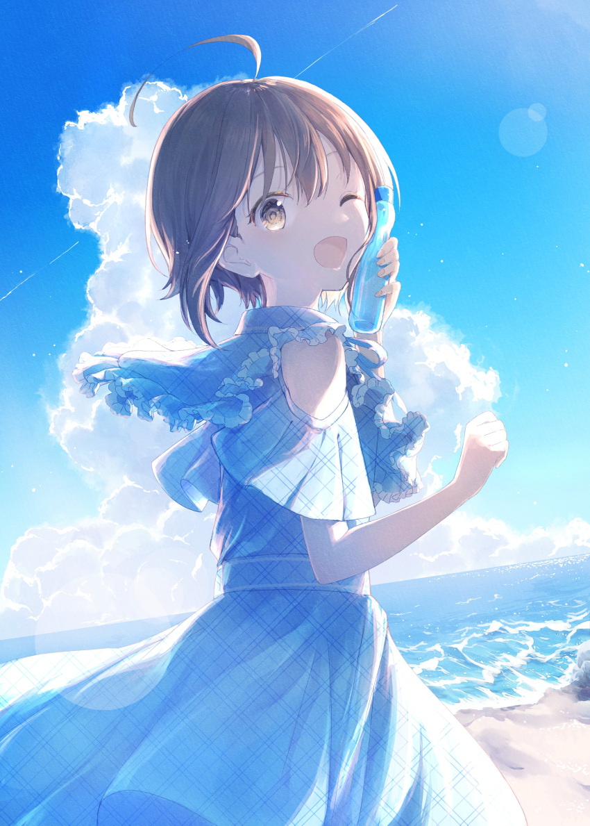 1girl absurdres ahoge beach blue_sky brown_hair clouds commentary_request day dress dutch_angle highres horizon long_dress looking_at_viewer ocean one_eye_closed open_mouth original plaid plaid_dress ramune shiohari_kanna short_hair sky solo yellow_eyes