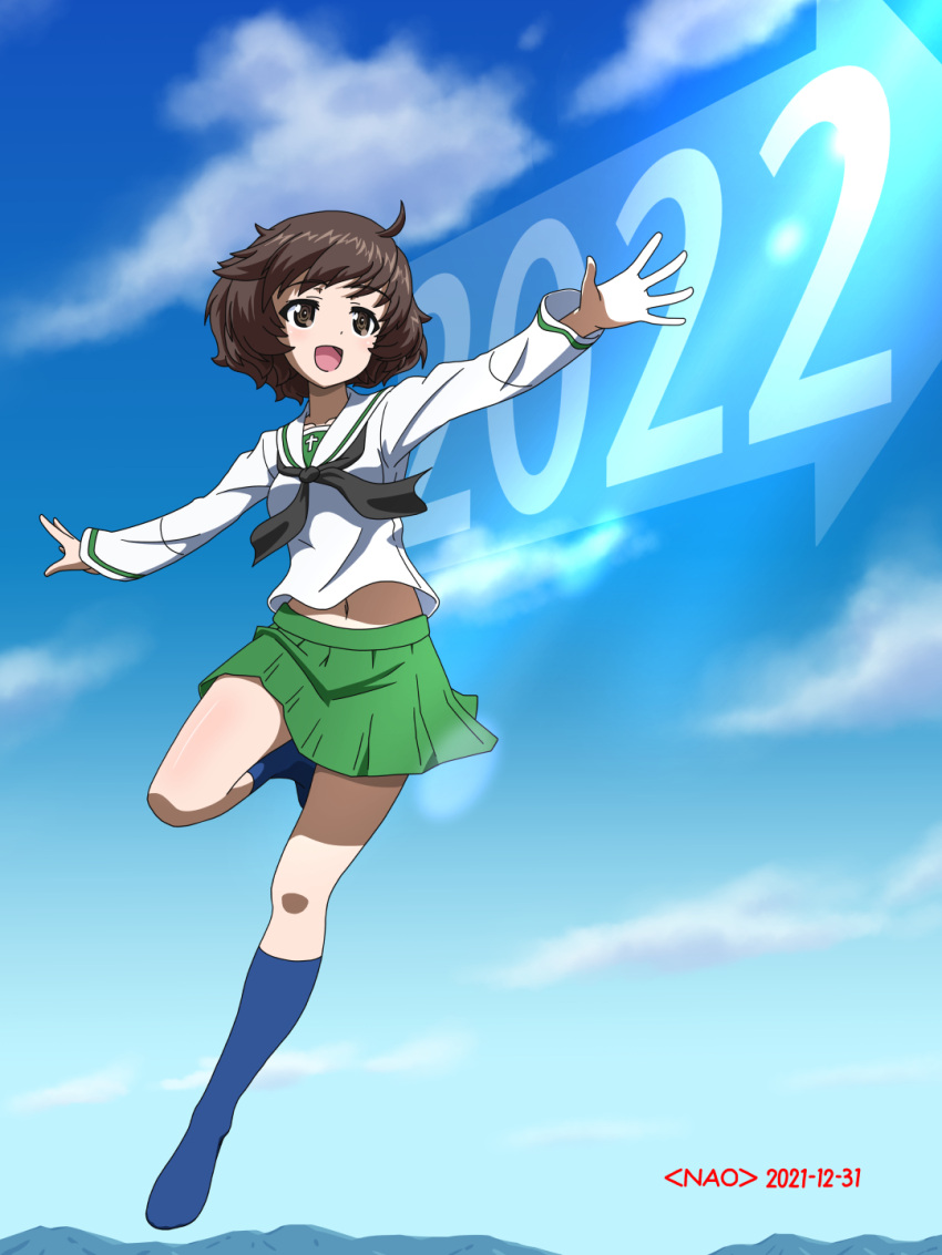 1girl 2022 :d akiyama_yukari arrow_(symbol) artist_name bangs black_neckerchief blouse blue_legwear blue_sky brown_eyes brown_hair clouds cloudy_sky commentary_request dated day girls_und_panzer green_skirt highres jumping leg_up long_sleeves looking_to_the_side messy_hair midriff_peek miniskirt naotosi navel neckerchief new_year ooarai_school_uniform open_mouth outdoors outstretched_arms partial_commentary pleated_skirt sailor_collar school_uniform serafuku shirt short_hair skirt sky smile socks solo spread_arms white_sailor_collar white_shirt