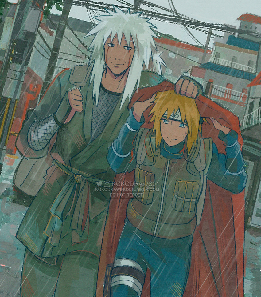 2boys artist_name blonde_hair flak_jacket forehead_protector highres jacket jiraiya_(naruto) kokodrawings konohagakure_shinobi_uniform konohagakure_symbol male_focus multiple_boys namikaze_minato naruto_(classic) naruto_(series) signature teacher_and_student twitter_username white_hair