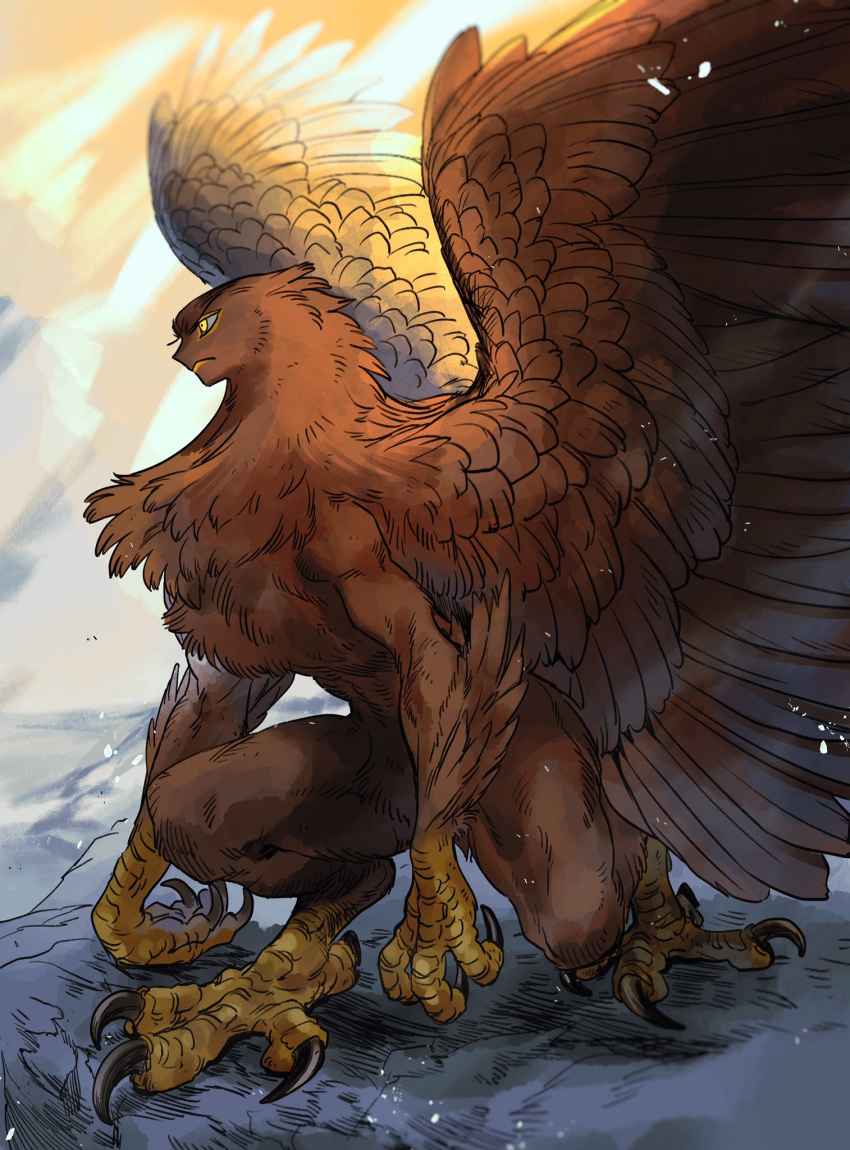 1girl bird_wings brown_feathers closed_mouth dawn feathers full_body highres knee_up looking_to_the_side no_humans original solo standing suzumori_521 talons wings yellow_eyes