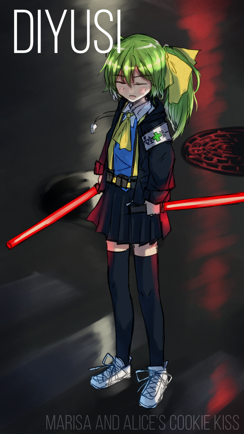 1girl armband ascot bangs black_jacket black_skirt black_thighhighs blue_vest blush bow character_name closed_eyes collared_shirt commentary cookie_(touhou) copyright_name daiyousei diyusi_(cookie) dual_wielding full_body green_hair hair_bow high-visibility_vest highres holding jacket kurotsuki_hiiragi long_hair manhole_cover open_mouth pleated_skirt ponytail shirt shoes skirt sneakers solo standing touhou traffic_baton vest whistle whistle_around_neck white_footwear white_shirt yellow_ascot yellow_bow zettai_ryouiki