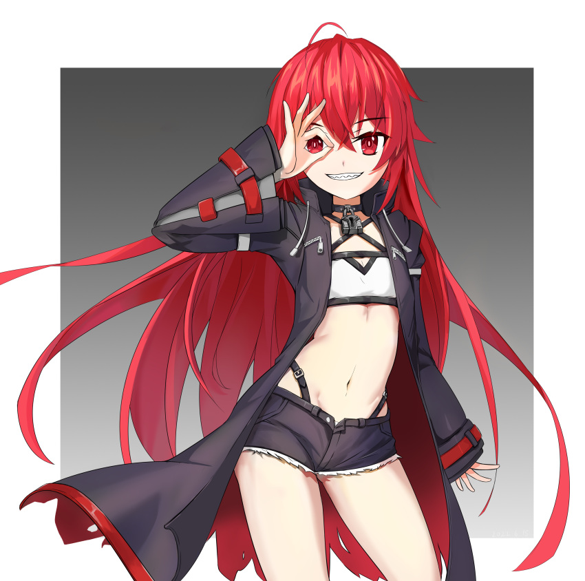 1girl :d absurdres ahoge bangs black_coat choker cici_(1021440922) closers coat commentary_request denim denim_shorts grin hair_between_eyes highres long_hair long_sleeves looking_at_viewer navel pose red_eyes redhead seth_(closers) short_shorts shorts sidelocks simple_background smile solo stomach two-tone_background