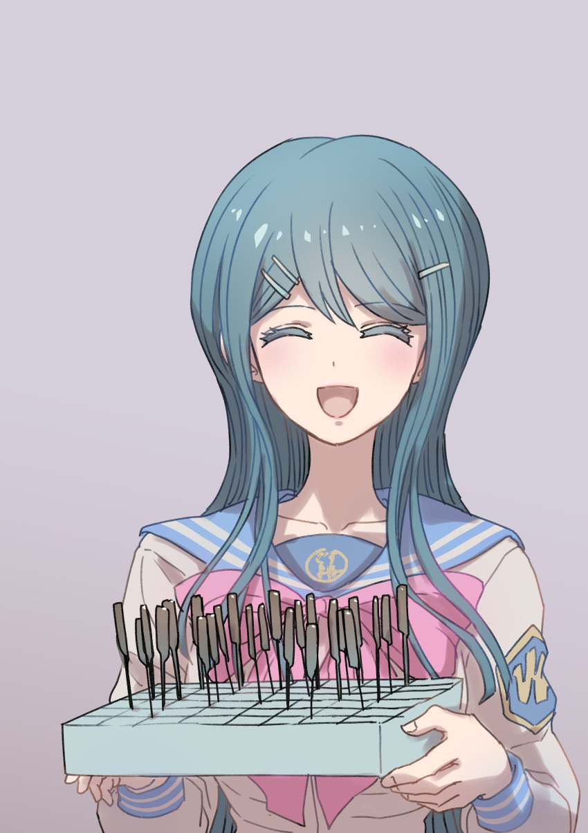 1girl :d absurdres alternate_hair_color bangs blue_sailor_collar bow bowtie closed_eyes collarbone danganronpa:_trigger_happy_havoc danganronpa_(series) facing_viewer grey_background grey_shirt happy highres holding long_hair long_sleeves maizono_sayaka open_mouth pink_bow pink_bowtie sailor_collar school_uniform shiny shiny_hair shirt simple_background smile solo upper_body youko-shima