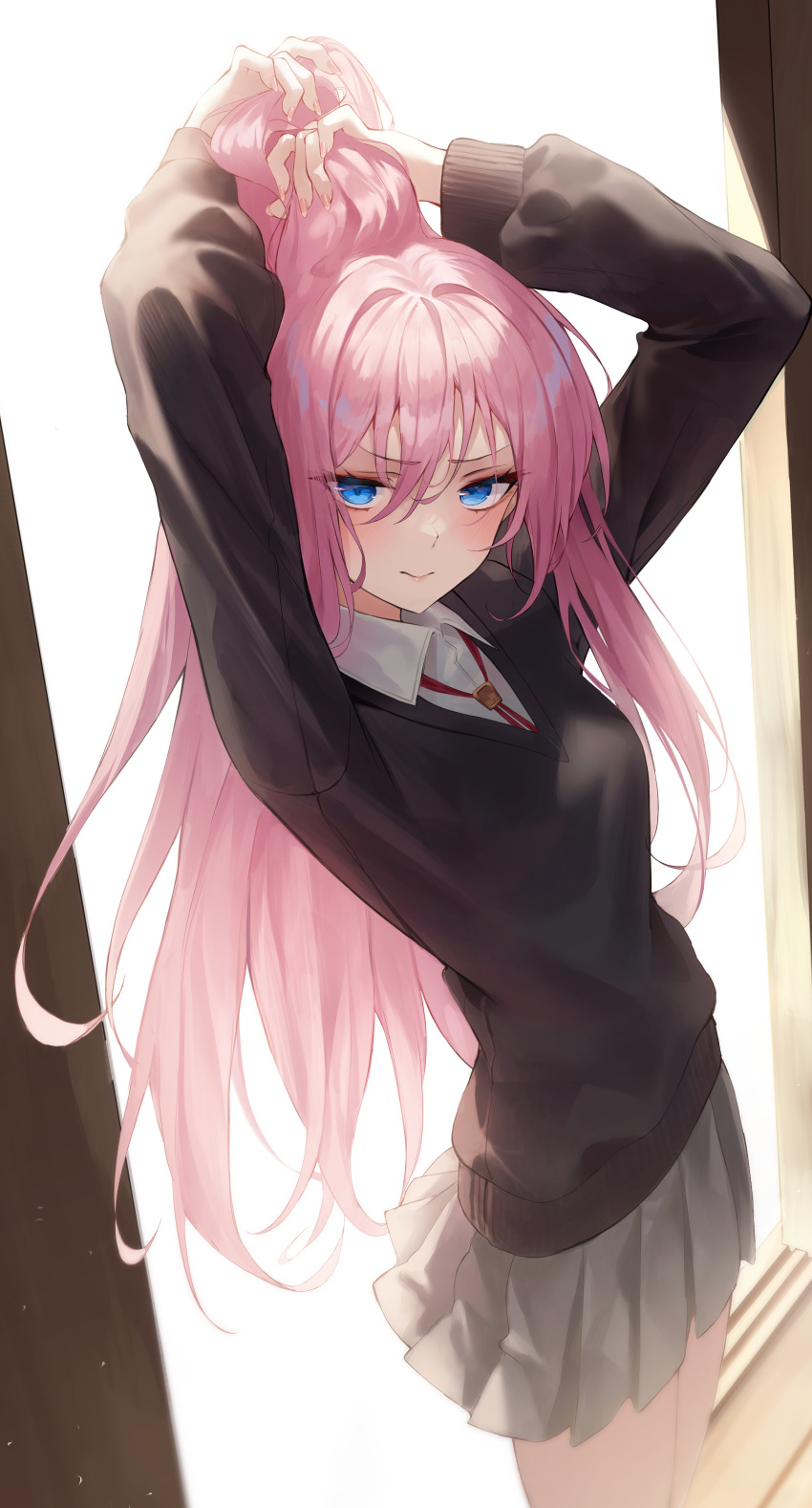 1girl 3: absurdres arms_up backlighting black_sweater blue_eyes closed_mouth collared_shirt cowboy_shot grey_skirt hair_between_eyes highres holding holding_hair kawaii_dake_ja_nai_shikimori-san kerno long_hair long_sleeves looking_at_viewer miniskirt necktie pink_hair pleated_skirt red_necktie school_uniform shikimori_(kawaii_dake_ja_nai) shirt skirt solo standing straight_hair sweater v-shaped_eyebrows white_shirt