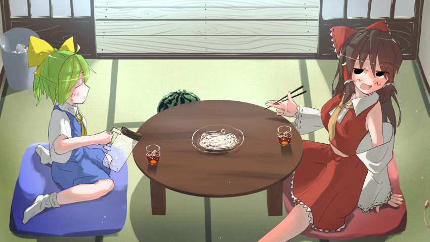 2girls bangs blush bow breasts brown_hair chopsticks closed_eyes closed_mouth collared_shirt commentary_request cookie_(touhou) cup daiyousei detached_sleeves diyusi_(cookie) flat_chest food frilled_bow frilled_hair_tubes frilled_skirt frills fruit full_body green_hair hair_bow hair_tubes hakurei_reimu highres holding holding_chopsticks holding_pitcher ice ice_cube indoors kurotsuki_hiiragi large_breasts long_hair looking_at_another multiple_girls necktie noel_(cookie) open_mouth pillow ponytail red_bow red_shirt red_skirt ribbon-trimmed_sleeves ribbon_trim shirt short_hair short_sleeves sidelocks sitting skirt skirt_set sleeveless sleeveless_shirt smile table tatami touhou trash_can wariza watermelon white_shirt white_sleeves white_socks wide_sleeves yellow_bow yellow_necktie