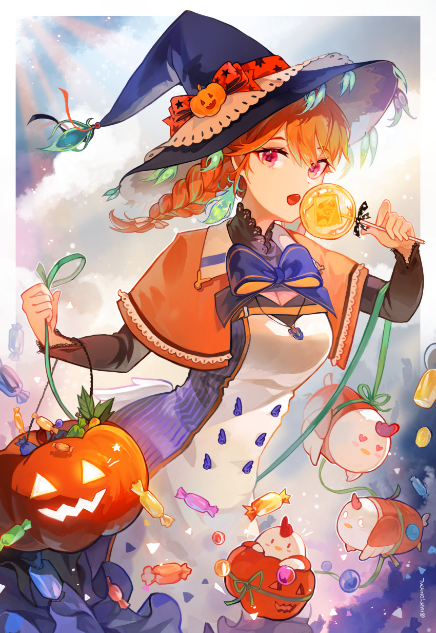 1girl absurdres bird blue_bow bow braid braided_ponytail breasts candy capelet chicken clouds corset dress earrings feather_earrings feathers food friend_(nanashi_mumei) gradient_hair green_hair green_ribbon halloween halloween_bucket happyongdal hat hat_ribbon heart heart-shaped_pupils highres hololive hololive_english jack-o'-lantern jewelry kfp_employee_(takanashi_kiara) lollipop long_hair long_sleeves looking_at_viewer medium_breasts multicolored_hair necklace open_mouth orange_hair red_bow ribbon symbol-shaped_pupils takanashi_kiara tearing_up violet_eyes virtual_youtuber witch_hat