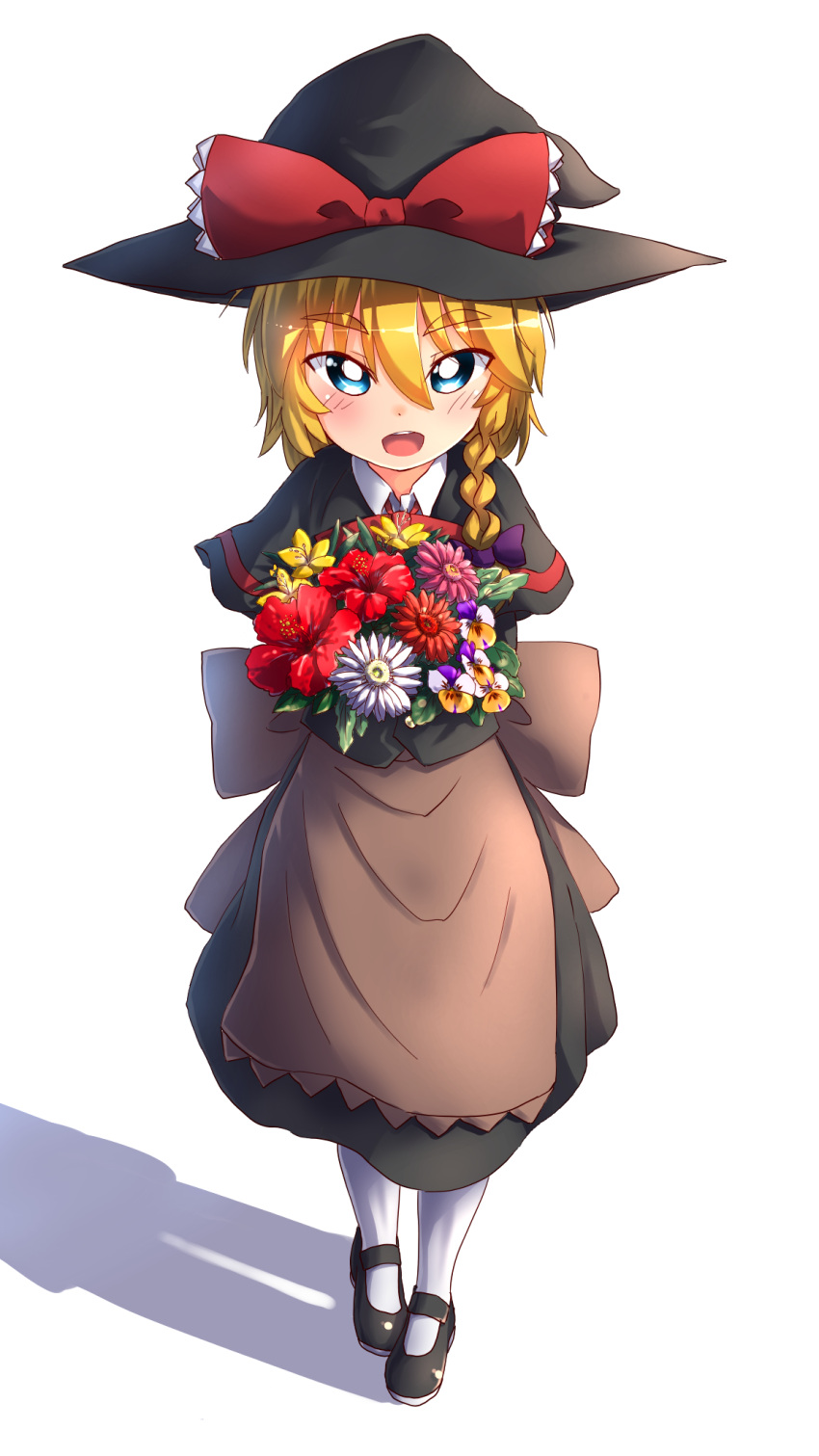 1girl apron bangs black_capelet black_gloves black_headwear black_skirt black_vest blonde_hair blue_eyes blush bouquet bow bowtie braid bright_pupils brown_apron capelet collared_shirt commentary_request cookie_(touhou) flower full_body gloves hair_bow hat hat_bow highres holding holding_bouquet kirisame_marisa kurotsuki_hiiragi looking_at_viewer mary_janes meguru_(cookie) open_mouth orange_flower pansy pantyhose pink_flower purple_bow red_bow red_bowtie red_flower shadow shirt shoes short_hair_with_long_locks side_braid simple_background single_braid skirt smile solo standing touhou vest waist_apron white_background white_flower white_legwear white_pupils white_shirt witch_hat