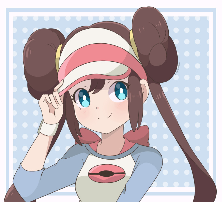 1girl adjusting_clothes adjusting_headwear arm_up blue_background blue_eyes border bow brown_hair chocomiru closed_mouth commentary double_bun doughnut_hair_bun english_commentary hair_bun hand_up happy highres long_hair looking_at_viewer outside_border poke_ball_print pokemon pokemon_(game) pokemon_bw2 polka_dot polka_dot_background raglan_sleeves redrawn rosa_(pokemon) smile solo twintails upper_body visor_cap white_border