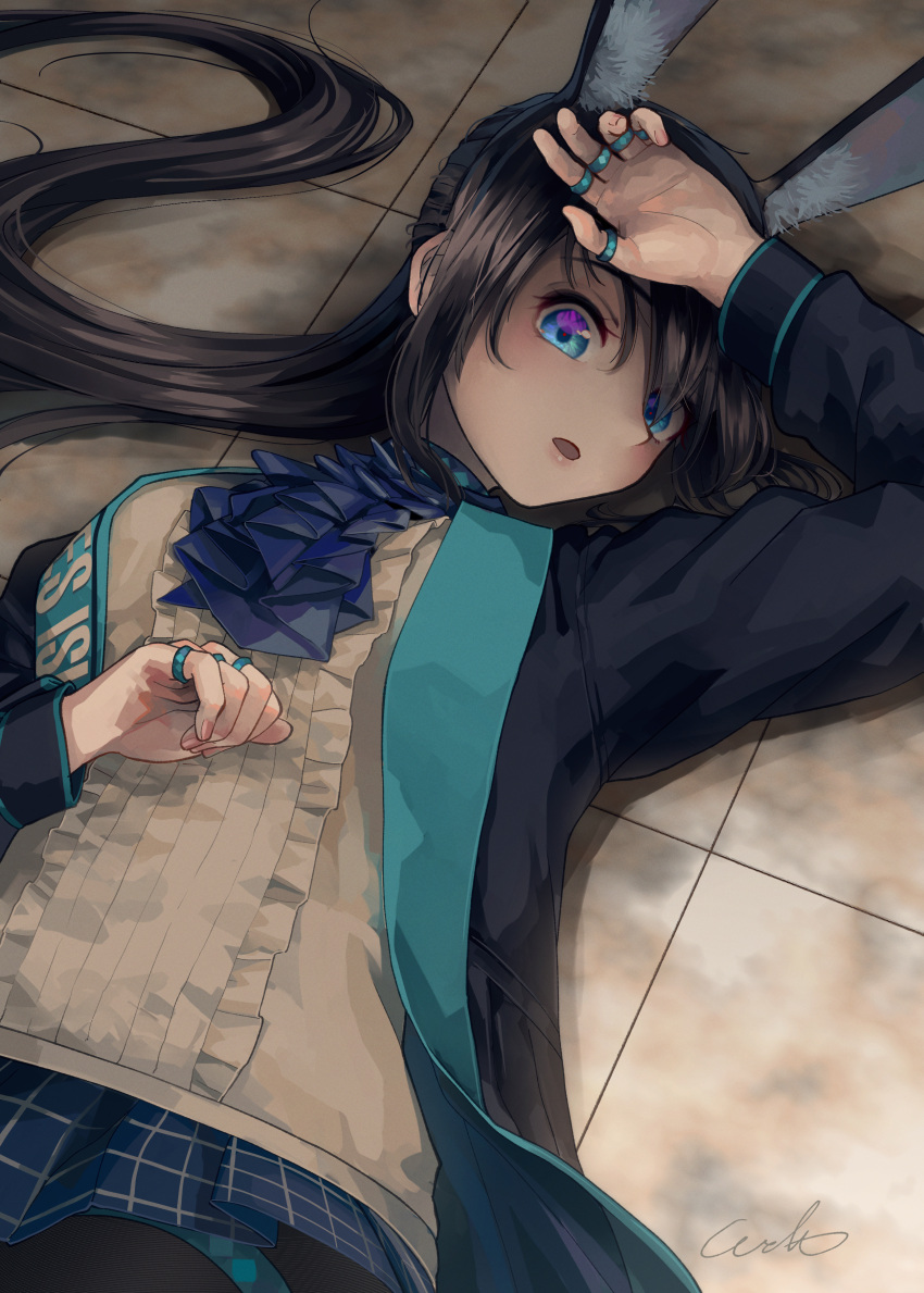 1girl absurdres amiya_(arknights) animal_ears arknights arm_up ascot black_jacket black_pantyhose blue_ascot blue_collar blue_eyes blue_skirt brown_hair collar cowboy_shot extra_ears highres jacket jewelry long_hair long_sleeves looking_at_viewer lying multiple_rings neck_ring on_back open_clothes open_jacket open_mouth plaid plaid_skirt pleated_skirt ponytail rabbit_ears rabbit_girl ring shirt sidelocks signature skirt solo thighlet thumb_ring tile_floor tiles very_long_hair welt_(kinsei_koutenkyoku) white_shirt