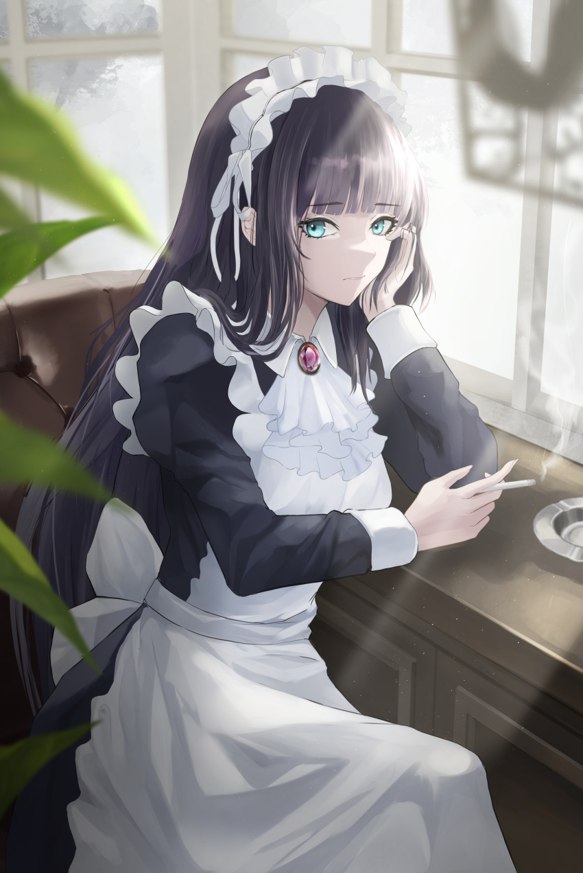 1girl absurdres apron ashtray blue_eyes head_on_hand highres jewelry leather_chair light_rays maid maid_apron maid_headdress original pendant plant reep smoke smoking sunbeam sunlight window