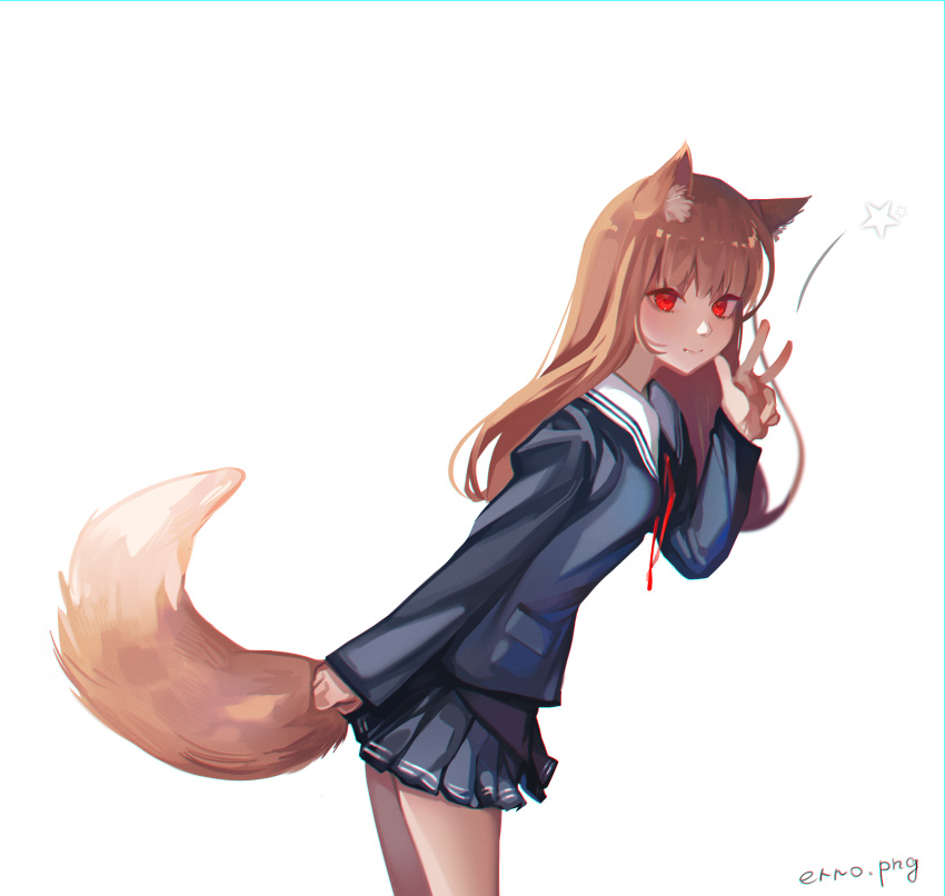 1girl absurdres animal_ear_fluff animal_ears blue_shirt brown_hair closed_mouth collared_shirt cowboy_shot erroten fang from_side grey_skirt highres holo leaning_forward long_hair long_sleeves looking_at_viewer miniskirt neck_ribbon pleated_skirt red_eyes red_ribbon ribbon saenai_heroine_no_sodatekata sailor_collar sailor_shirt shiny shiny_hair shirt simple_background skirt smile solo spice_and_wolf standing straight_hair tail very_long_hair w white_background white_sailor_collar wolf_ears wolf_girl wolf_tail