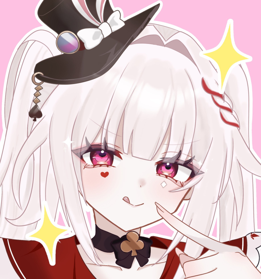 1girl black_choker black_hat braid butterfly-shaped_pupils choker collarbone commentary_request diamond_(shape) diamond_facial_mark diamond_on_cheek facial_mark finger_to_mouth hat hat_ornament heart heart_facial_mark heart_on_cheek highres honkai:_star_rail honkai_(series) index_finger_raised licking_lips long_hair looking_at_viewer mark_under_both_eyes mini_hat mini_top_hat multicolored_hair pink_background pink_eyes rabbit_ear_headwear rabbit_hat_ornament simple_background smile solo sparkle_(honkai:_star_rail) sparxie_(honkai:_star_rail) symbol-shaped_pupils tongue tongue_out top_hat twintails vgs2 white_hair