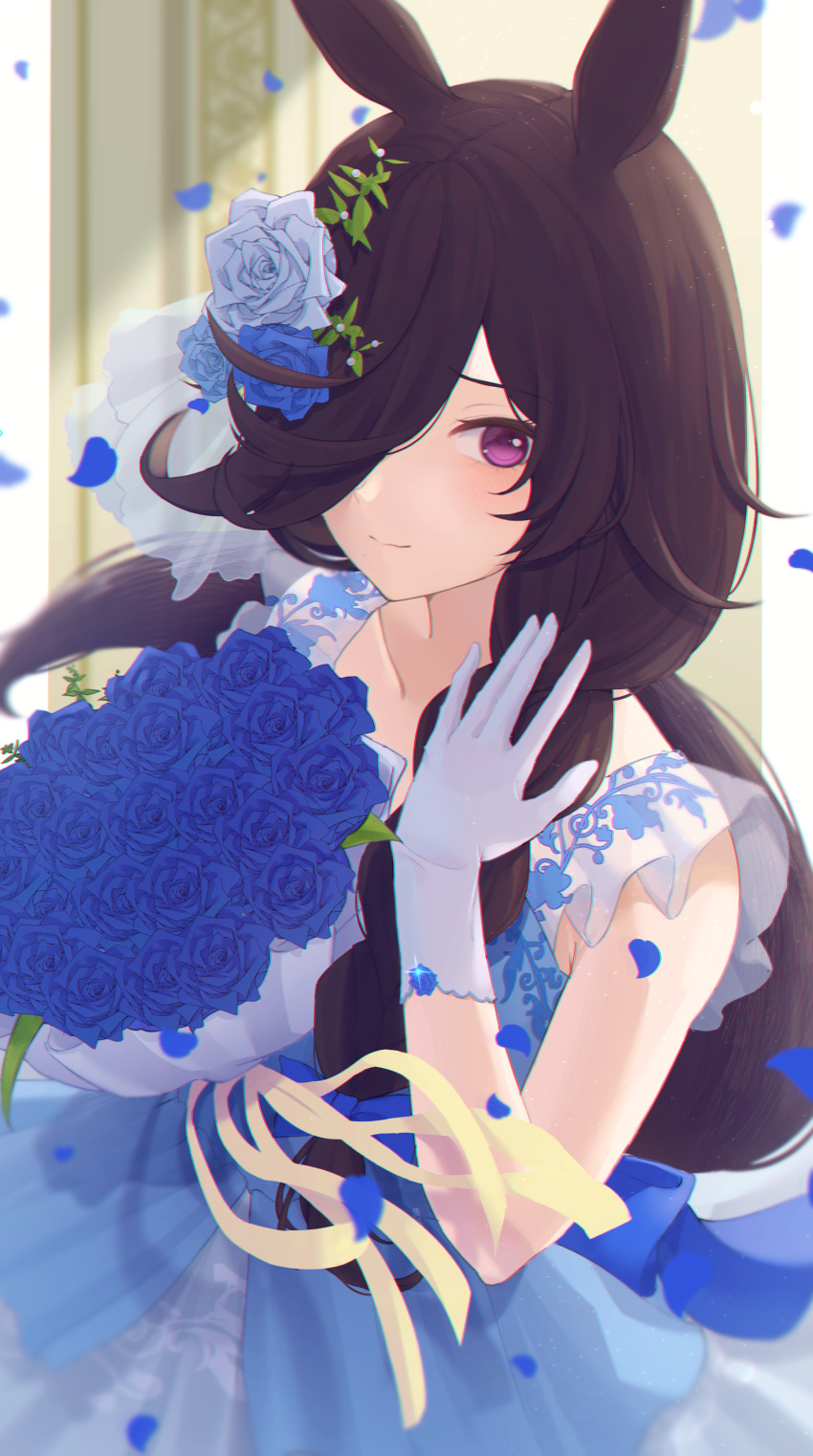 1girl absurdres animal_ears bangs blue_dress blue_flower blue_gloves blue_rose blurry blurry_background bouquet brown_hair closed_mouth dress flower gloves hair_flower hair_ornament hand_up highres horse_ears inui_(inuiw_) long_hair looking_at_viewer petals rice_shower_(longed-for_scenery)_(umamusume) rice_shower_(umamusume) rose sleeveless sleeveless_dress smile solo umamusume upper_body violet_eyes
