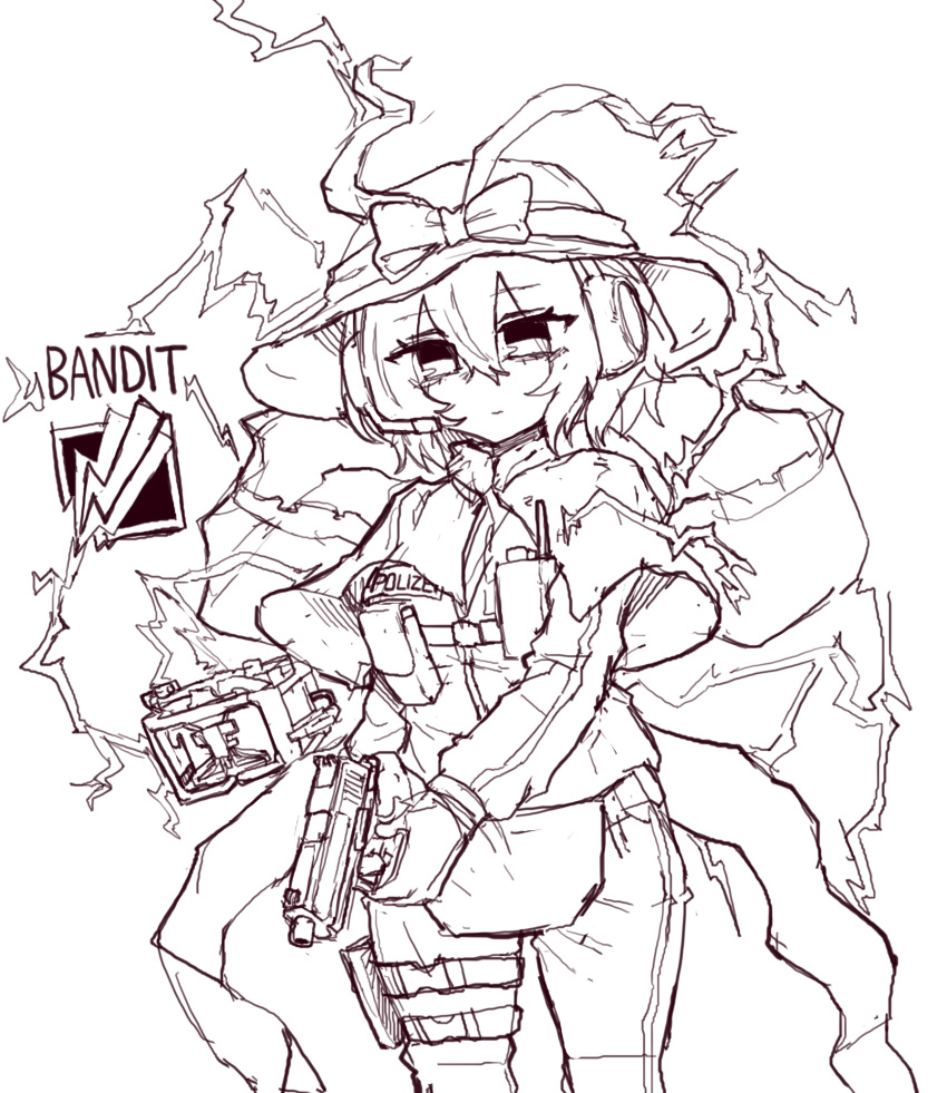 1girl alternate_costume battery belt_pouch bow buckle capelet closed_mouth electricity electrokinesis frilled_shawl frills gloves gun hagoromo hair_between_eyes handgun hat hat_bow headphones headset highres holding holding_gun holding_weapon jacket lightning_bolt_symbol long_sleeves looking_at_viewer medium_hair nagae_iku pants pouch rampa93 shawl snap-fit_buckle solo thigh_pouch touhou walkie-talkie weapon