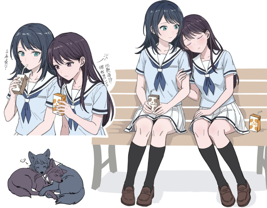 2girls bang_dream! bang_dream!_it's_mygo!!!!! black_hair black_socks blue_eyes blue_ribbon brown_shoes closed_eyes drink_carton drinking drinking_straw head_on_another's_shoulder highres holding holding_another's_arm holding_drink_carton holding_juice_box juice_box kukmmo long_hair looking_at_viewer multiple_girls on_bench pleated_skirt ribbon sailor_collar school_uniform shiina_taki shoes sitting skirt sleeping socks violet_eyes white_sailor_collar white_skirt yahata_umiri yuri