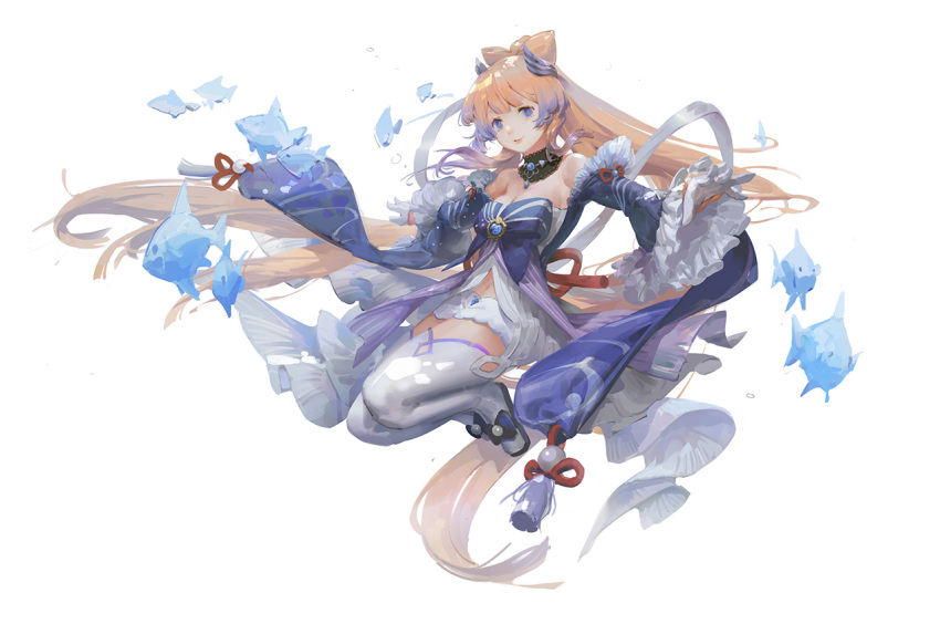 1girl air_bubble animal bare_shoulders black_choker blue_bow blue_eyes blue_gemstone blue_hair bow brown_hair bubble choker closed_mouth fish frilled_choker frilled_sleeves frills gem genshin_impact grey_background grey_legwear hair_ornament light_brown_hair long_hair long_sleeves multicolored_hair sangonomiya_kokomi simple_background smile solo striped striped_clothes swimming tassel thigh-highs very_long_hair vision_(genshin_impact) water wide_sleeves youshun_(naturaljuice)