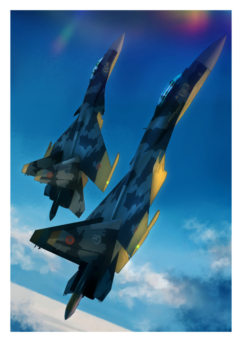 ace_combat ace_combat_04 aircraft airplane blue_sky clouds cloudy_sky day emblem fighter_jet highres horizon jet military military_vehicle outdoors sky su-37 timmyyen yellow_13 yellow_4 yellow_squadron