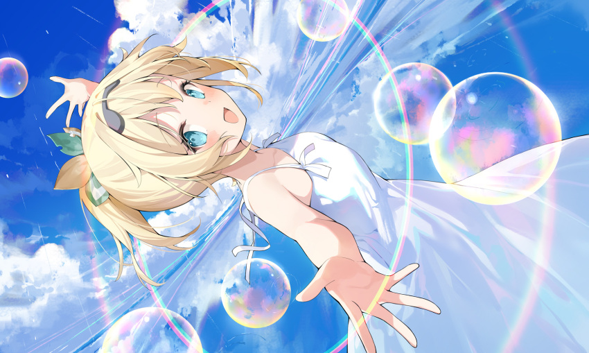 1girl :d bangs bare_arms bare_shoulders blonde_hair blue_eyes blue_sky blush bubble clouds day dress dutch_angle hair_ribbon hana_mori highres hololive kazama_iroha looking_at_viewer looking_to_the_side outstretched_arms ponytail ribbon short_hair sky smile solo sundress virtual_youtuber white_dress