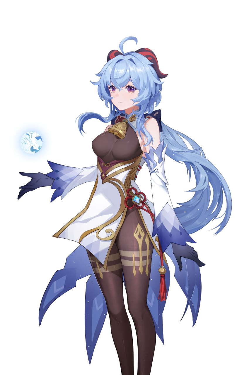 1girl absurdres ahoge bangs bare_shoulders bell blue_gloves blue_hair bow breasts brown_legwear chinese_knot detached_sleeves flower_knot ganyu_(genshin_impact) genshin_impact gloves gold_trim highres horns light_smile long_hair looking_at_viewer low_ponytail medium_breasts neck_bell orb qilin_(mythology) sidelocks solo standing sword_tomb tassel thighlet thighs violet_eyes vision_(genshin_impact) white_background white_sleeves
