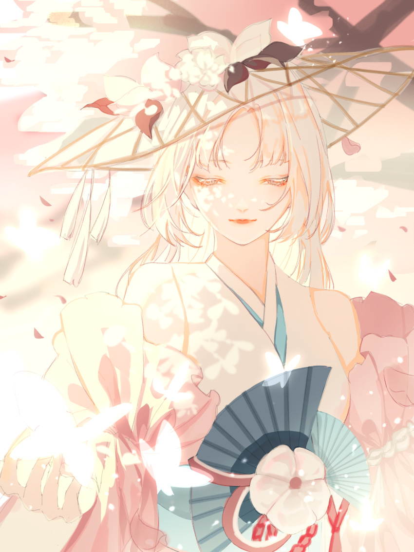 1girl bug butterfly closed_eyes closed_mouth facial_mark flower glowing_butterfly hair_ornament hat hat_flower highres japanese_clothes kimono light_particles light_rays long_hair onmyoji semi-transparent shiranui_(onmyoji) solo upper_body white_butterfly white_hair xingcha883