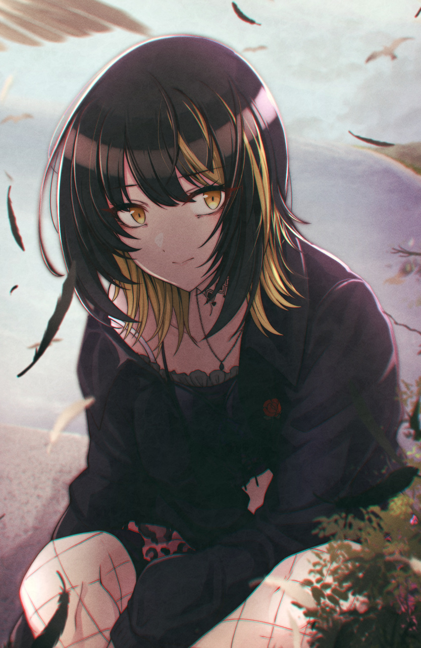 1girl absurdres bird black_feathers black_hair black_sweater blonde_hair choker closed_mouth colored_eyelashes feathers fishnets highres idolmaster idolmaster_shiny_colors ikaruga_luca jewelry kusaka_io long_hair long_sleeves looking_at_viewer multicolored_hair outdoors pendant shiny shiny_hair sitting solo sweater two-tone_hair yellow_eyes