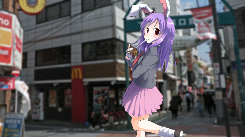 1girl animal_ears bangs black_jacket blazer blurry blurry_background blush bobby_socks commentary cookie_(touhou) drinking drinking_straw drinking_straw_in_mouth foot_out_of_frame highres hisui_(cookie) jacket kurotsuki_hiiragi long_hair long_sleeves looking_at_viewer looking_back mcdonald's milk_carton necktie photo_background pink_skirt pleated_skirt purple_hair rabbit_ears rabbit_girl red_eyes red_necktie reisen_udongein_inaba skirt socks solo touhou white_socks