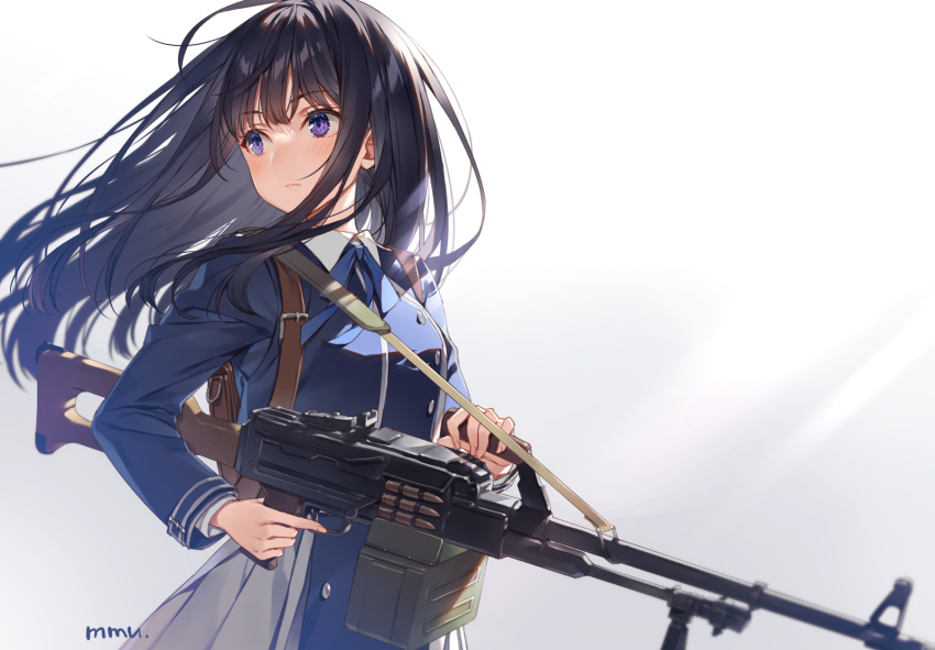 1girl backpack bag black_hair blue_dress blue_ribbon blurry blurry_foreground blush commentary depth_of_field dress expressionless eyebrows_behind_hair floating_hair gun highres holding holding_gun holding_weapon inoue_takina long_hair looking_away looking_to_the_side lycoris_recoil machine_gun mmu neck_ribbon official_art pk_machine_gun pkm ribbon signature simple_background solo trigger_discipline upper_body violet_eyes weapon white_background