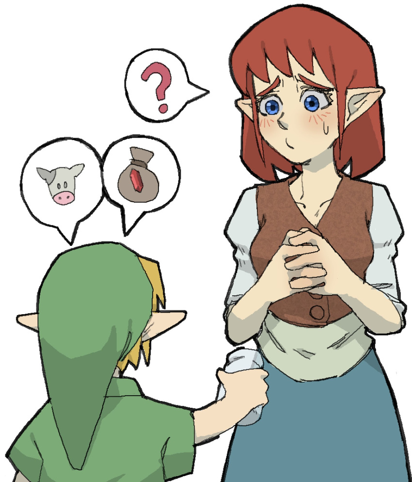 1boy 1girl ? anju blonde_hair blue_eyes blue_skirt blush bottle brown_vest collarbone cow green_tunic hat highres interlocked_fingers link medium_hair own_hands_together pantsu-ripper pointy_ears pointy_hat redhead rupee simple_background skirt sweatdrop the_legend_of_zelda the_legend_of_zelda:_ocarina_of_time tunic vest young_link