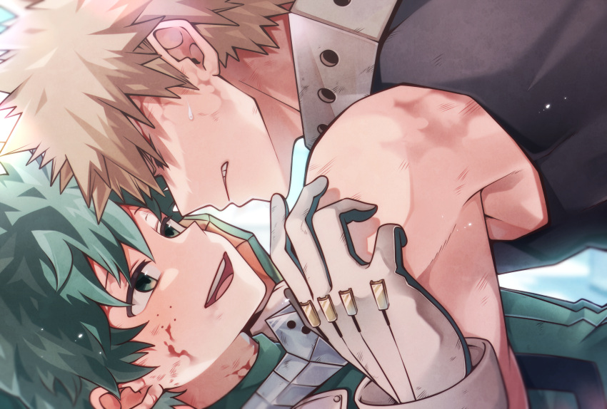 2boys bakugou_katsuki bare_shoulders black_bodysuit blonde_hair blood blood_on_face bodysuit boku_no_hero_academia clenched_teeth commentary_request face-to-face freckles gloves green_bodysuit green_eyes green_hair hand_on_another's_shoulder highres looking_at_another lying male_focus midoriya_izuku morino_(ktdk_0141) multiple_boys on_back open_mouth short_hair spiky_hair teeth white_gloves