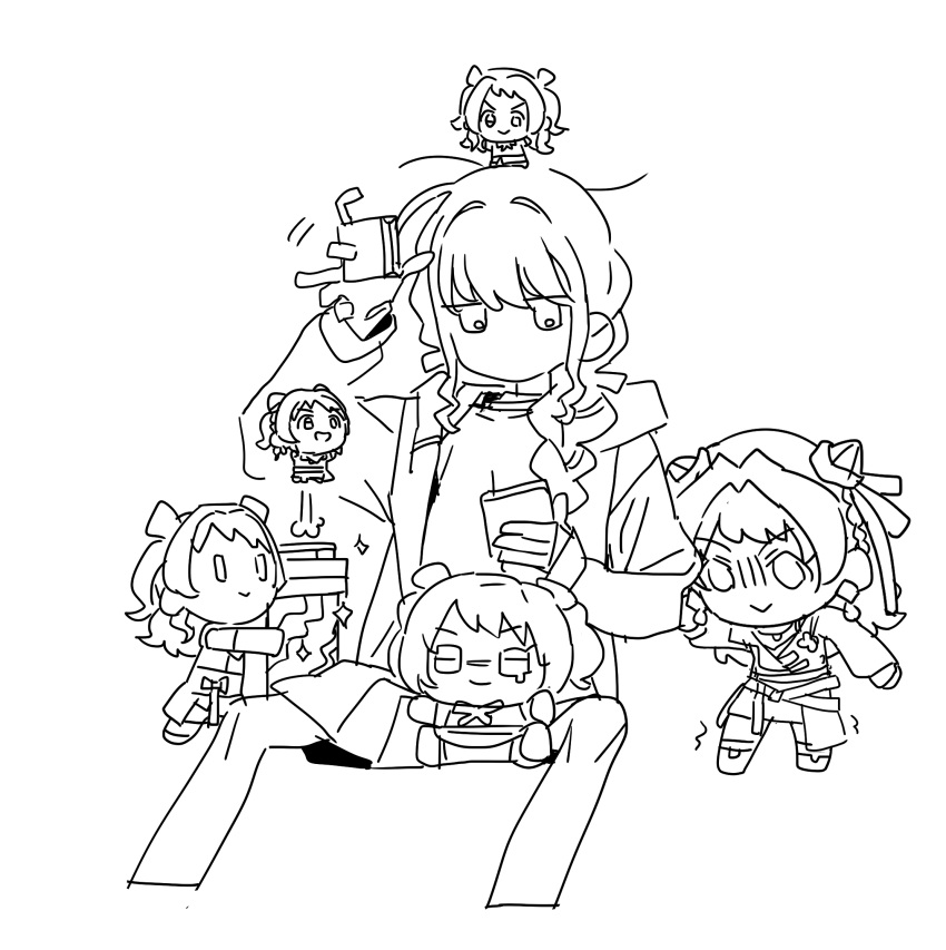6+girls :> braid chibi chibi_on_head chibigurumi commentary_request cropped_legs drink_carton fighting_my_way_(idolmaster) fujita_kotone gakuen_idolmaster greyscale hanami_saki highres holding holding_drink_carton hood hooded_jacket idolmaster jacket jieshi-ld jitome jumping looking_ahead looking_at_another monochrome multiple_girls multiple_persona official_alternate_costume on_head simple_background sitting super_stamina_drink_(gakuen_idolmaster) surrounded twin_braids white_background